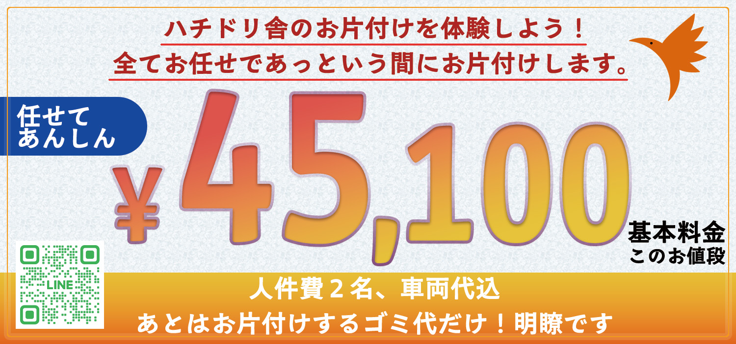 お片付けのハチドリ舎　ゴミ屋敷、遺品整理、どんなお片付けもお任せください。45100円から